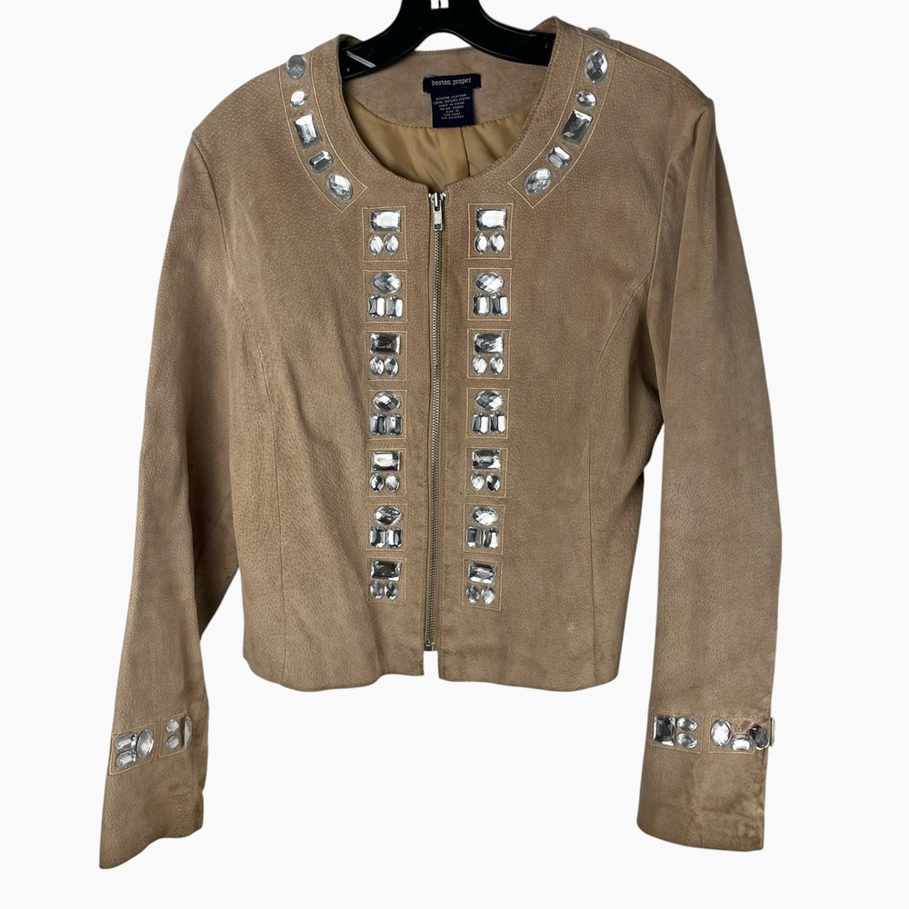Boston Proper Jacket Womens Sz 10 Beige‎ Suede Full Zip Rhinestones